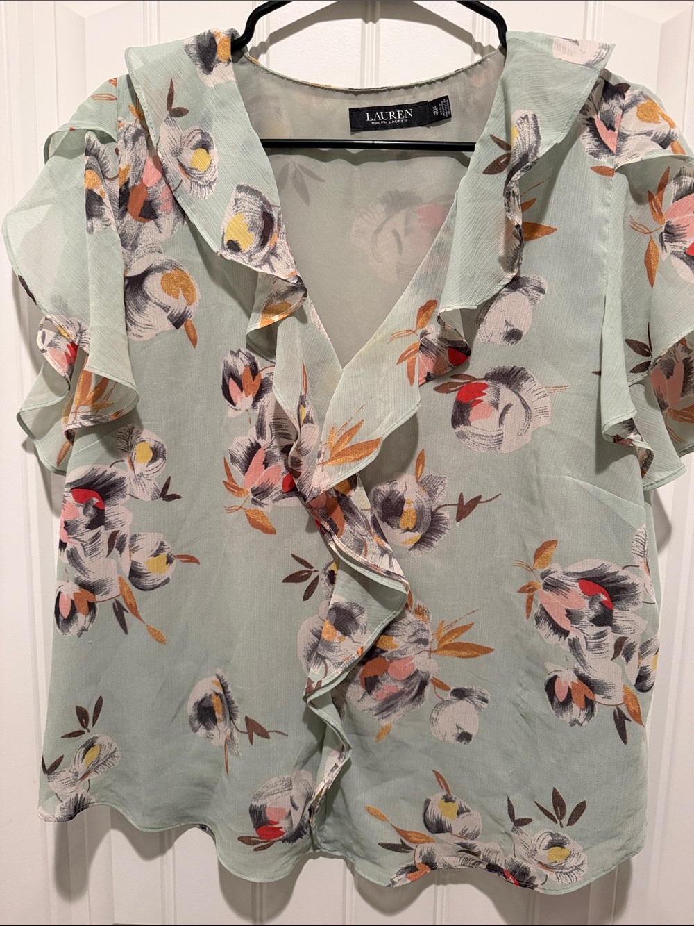 Black Label Lauren Ralph Lauren Mint Green Floral Ruffle Blouse